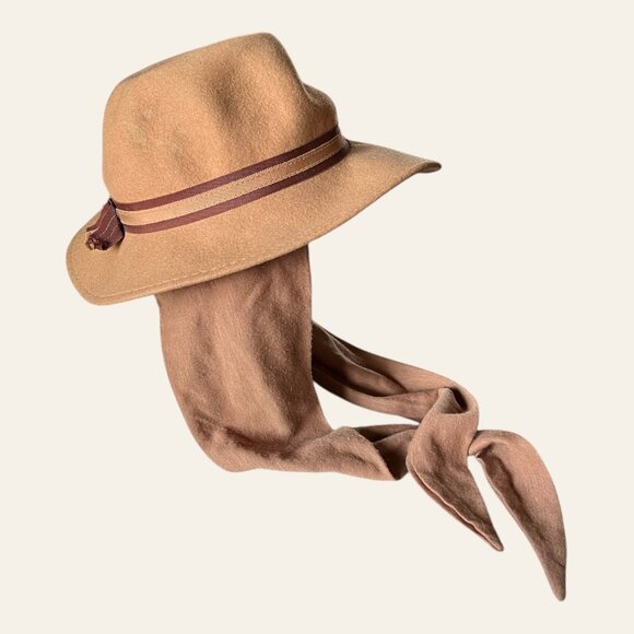 Bollman Girls VTG F1LAWS 100% Wool Felt Tan Fedora w/ Attached Ear Scarf USA S–M - Picture 9 of 9